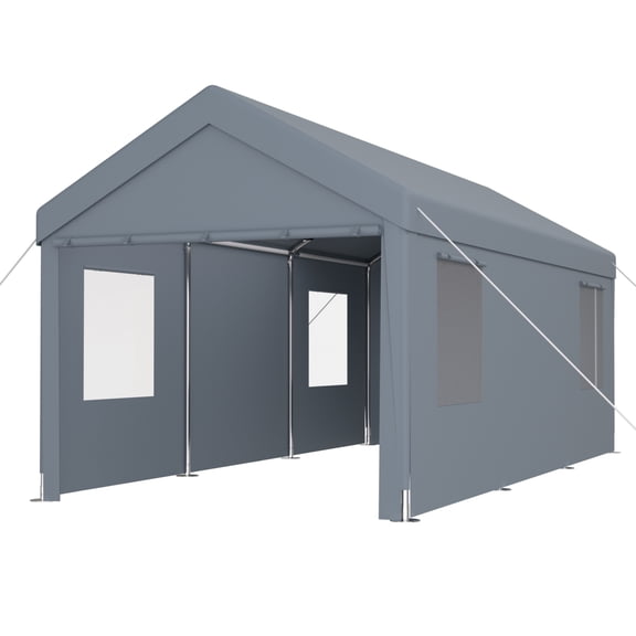 10' x 20' Portable Heavy Duty Carport Garage Canopy with 2 Roll-Up Doors &4 Ventilated Windows Grey