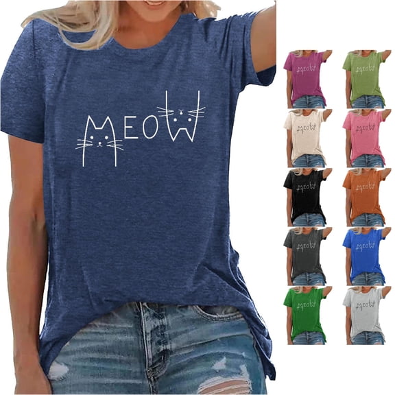 HCYSFG Women's Meow Cat Graphic Top Crewneck Short Sleeve Casual Fashion T Shirts Summer Daily Wear Trendy Activewear Everyday Tee