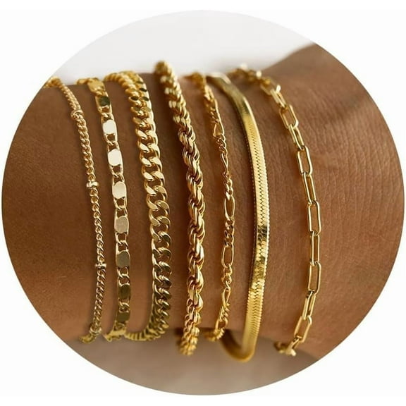 Gold Bracelets for Women,14K Gold Dainty Layered Cuban Link Paperclip Chain Herribone Bracelets Cute Stackable Gold Chain Bracelet Set for Women Trendy Jewelry Gifts
