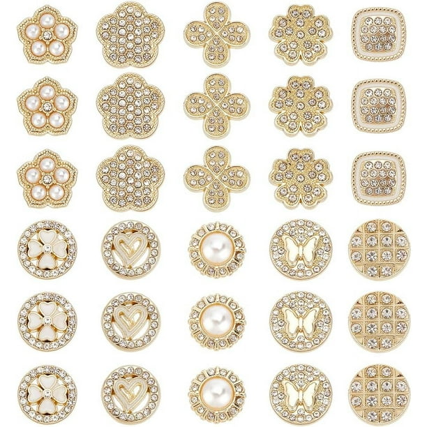 40 botones metálicos con diamantes de imitación en 10 estilos diferentes: botones de perlas, botones dorados con forma de flor, botones decorativos para coser en ropa.