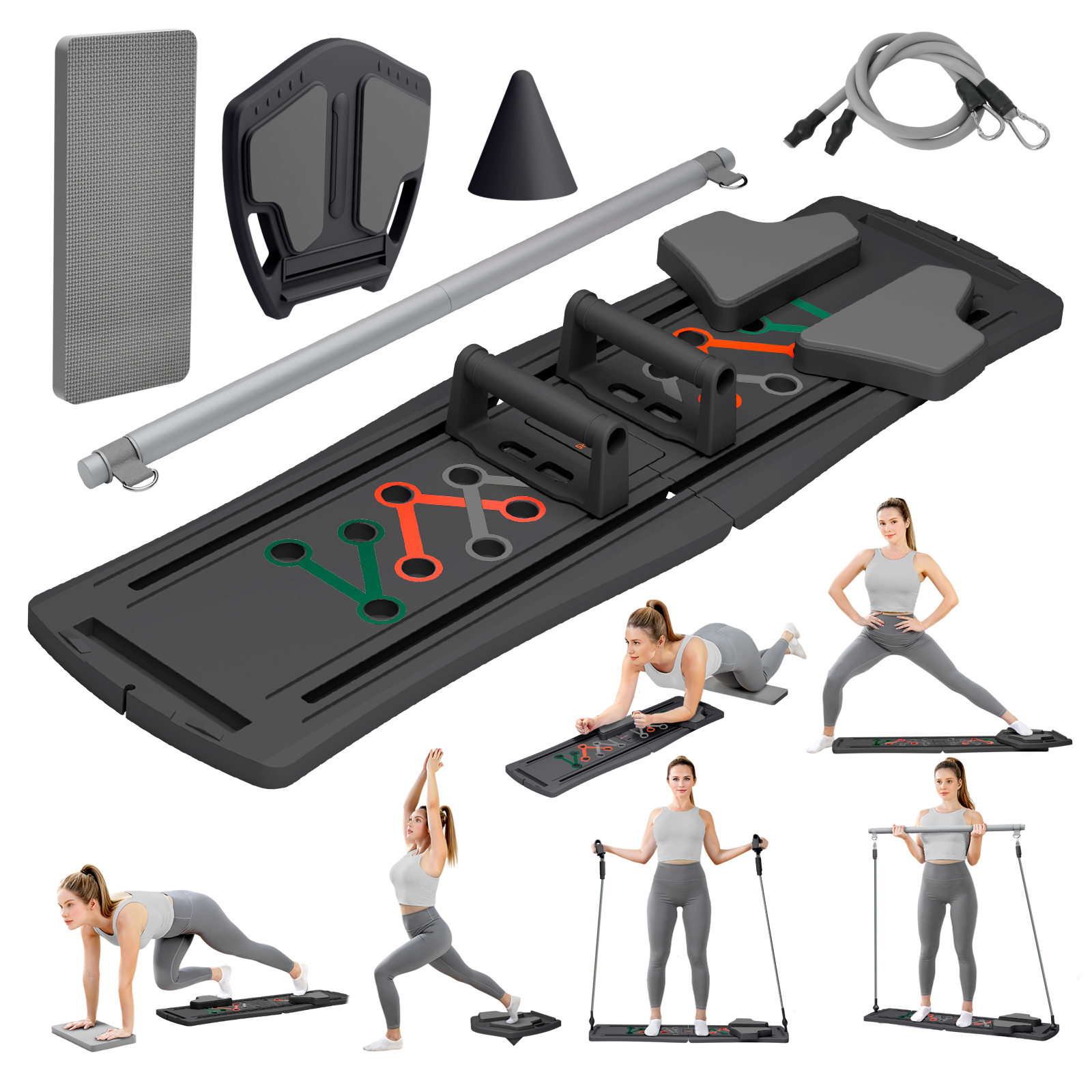 RICAN Pilates Board, Pilates Reformer for Core Strength Training, 7 in 1 Foldable Pilates Machine for Women Workout, Fitness, Exercise, Abs, Black