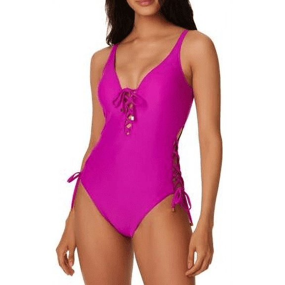 Bar III  Summer Solids Lace-up One-Piece Swimsuit,Neon Orchid , X-Small