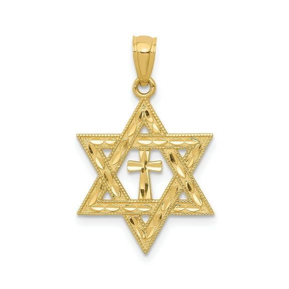 14k Yellow Gold Cross Pendant Necklace for Men and Women with Star of David Symbol Religious Charm Spiritual Fine Jewelry Polished Modern Design Unisex Faith Accessory