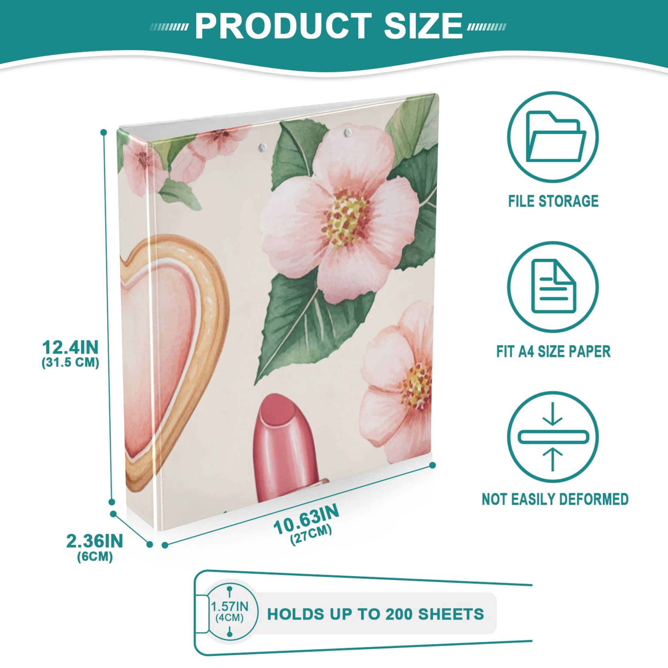 Lipsticks Hearts Flowers Leaves 3 Ring Binders 1.5 inch Hardcover File Folders with Interior Pockets A4 Size Organizer for School Office Hospital