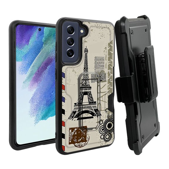 ANJ Rugged Dual Layer Hybrid Holster Kickstand Case w/ Card Slot Tempered Glass Cover for Samsung Galaxy S21 FE 5G - French Letter