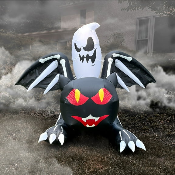 Haunted Hill Farm 5 ft Tall Pre-lit Inflatable Black Cat Bat with Red Eyes and Ghost, HIBCATS052-L