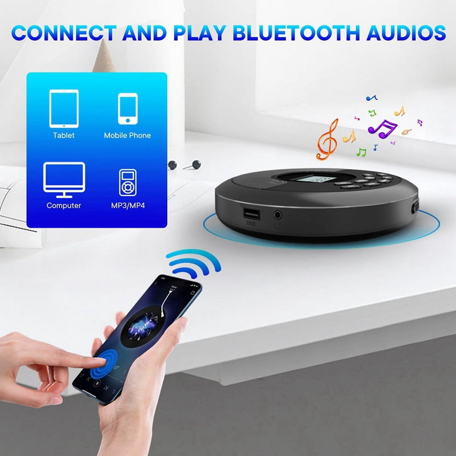 Portable Bluetooth CD Player Rechargeable Discman with Dual Speakers and Headphones  Cd Player Mp3 Player Gray