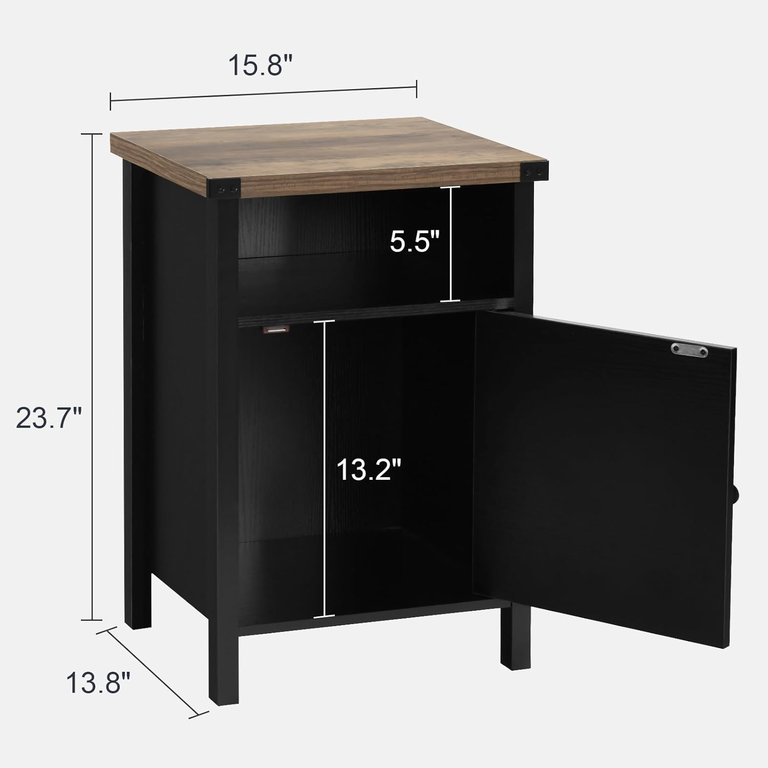 Farmhouse Nightstand, Rustic End Table with Storage Cabinet and Shelf, End Table for Bedroom Living Room, Wood Night Stand Side Table, Black