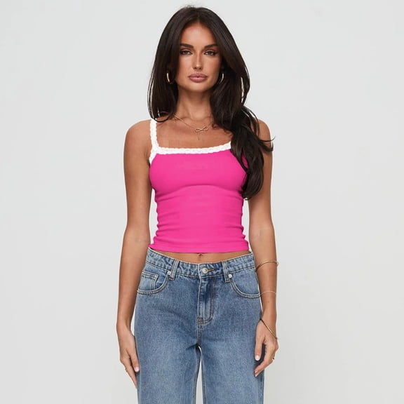 LYMAYTER Y2K Camisole Top for Women's Color Block Lace Scoop Neck Spaghetti Strap Crop Tank Trendy S-L