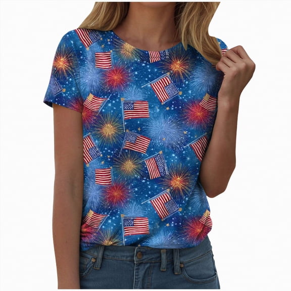 Yindaity Patriotic Tops Womens American Flag Shirt 4th of July T-Shirt Patriotic Short Sleeve Tee USA Flag Stripe Star Summer Blouse Tops(Blue,M)