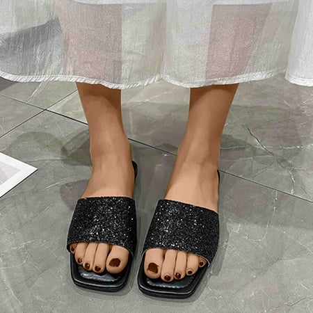 

Sawvnm Women Wearing Rhinestone Sandals For Outdoor Wear Comfortable Beach Slippers Holiday Gift Black US:5.5