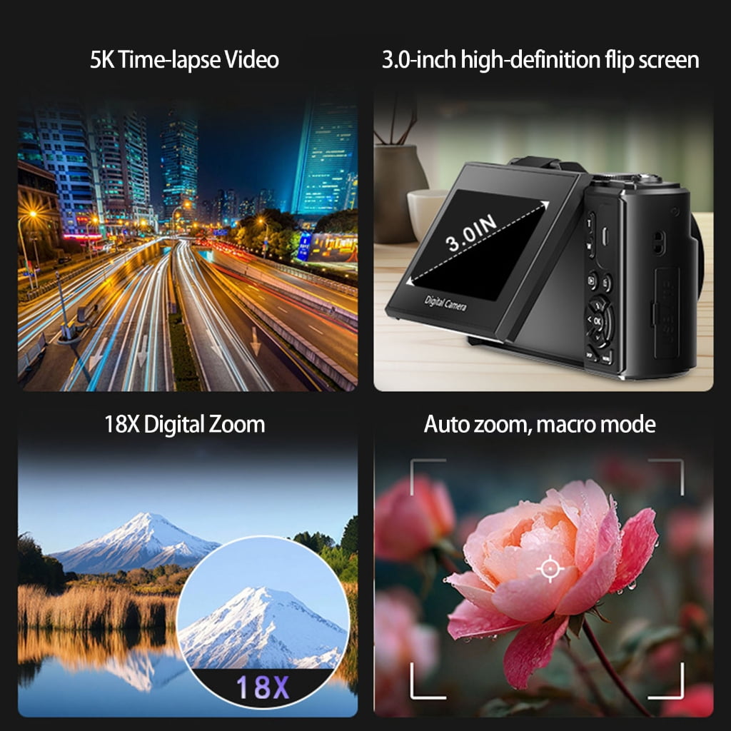 Vlog Digital Camera With Flip Screen 5K 75MP Photos 18X Zooming Auto Focusing