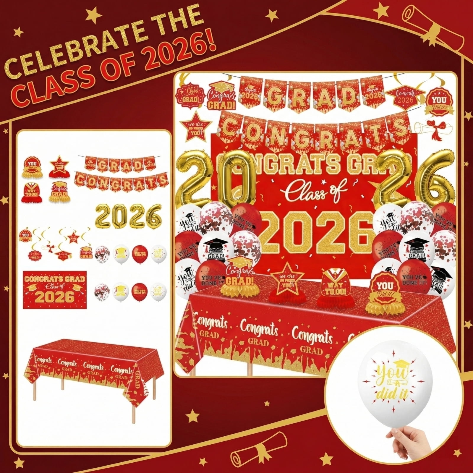 Graduation Decorations 2026, Graduation Party Supplies, Red and Gold Balloons, Gold Confetti Balloons, Congrats Grad 2026 Banner, 14 Pc Kit, Graduation Cap Decorations, Graduation