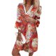 thumbnail image 3 of Vestidos informales de verano para mujer, túnica de fiesta de manga 3/4, vestido a media pierna con cuello en V informal bohemio con estampado de Cachemira y encaje con cuello en V Fridja  yut3340, 3 of 8