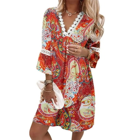 

cllios Women Casual Summer Dresses 3/4 Sleeve Party Tunic Swing Casual V Neck Boho Paisley Print Lace Trim V-neck Midi Dress for Women 2022