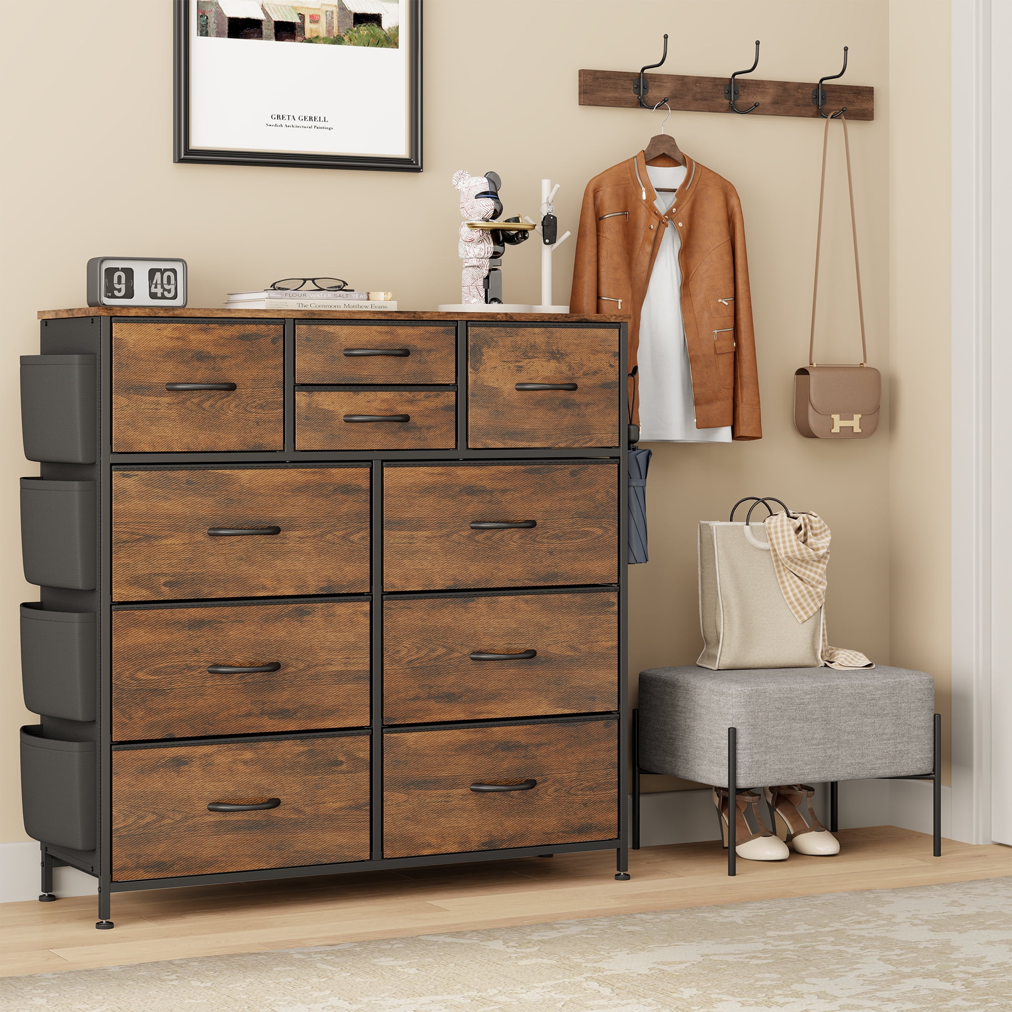LainTene 10 Drawer Dresser, Fabric Dressers for Bedroom, Modern Storage Chest of Drawer with Side Pockets for Home Entryway, Guest Room, Small Spaces, Rustic Brown