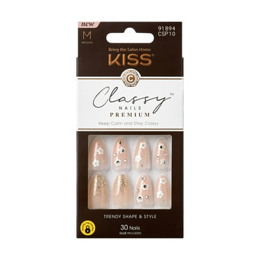 KISS Classy Premium, Press On Nails, Gleamin, White, Medium Almond, 30 Count