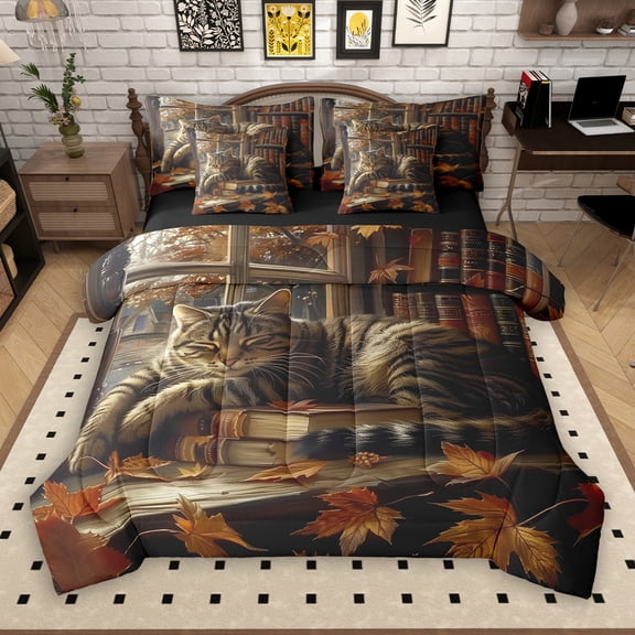 Manfei 3D Kawaii Cat 7-Piece Twin Bedding Sets for Teens, Retro Mid Century Books Bedding Comforter Set, Autumn Maple Leaf Reversible Sheet Sets, Breathable Home Decor