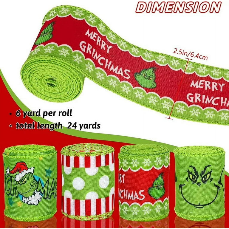 Act Now! Gomind Gr1nch Ribbon Christmas Ribbon Christmas Tree Ribbon Green  2.5 inch Single Face Satin Polyester 6 Yard Per Roll 