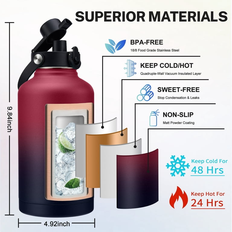 OOICO Insulated Water Bottle, 64 oz Stainless Steel with Dual Lids photo 2