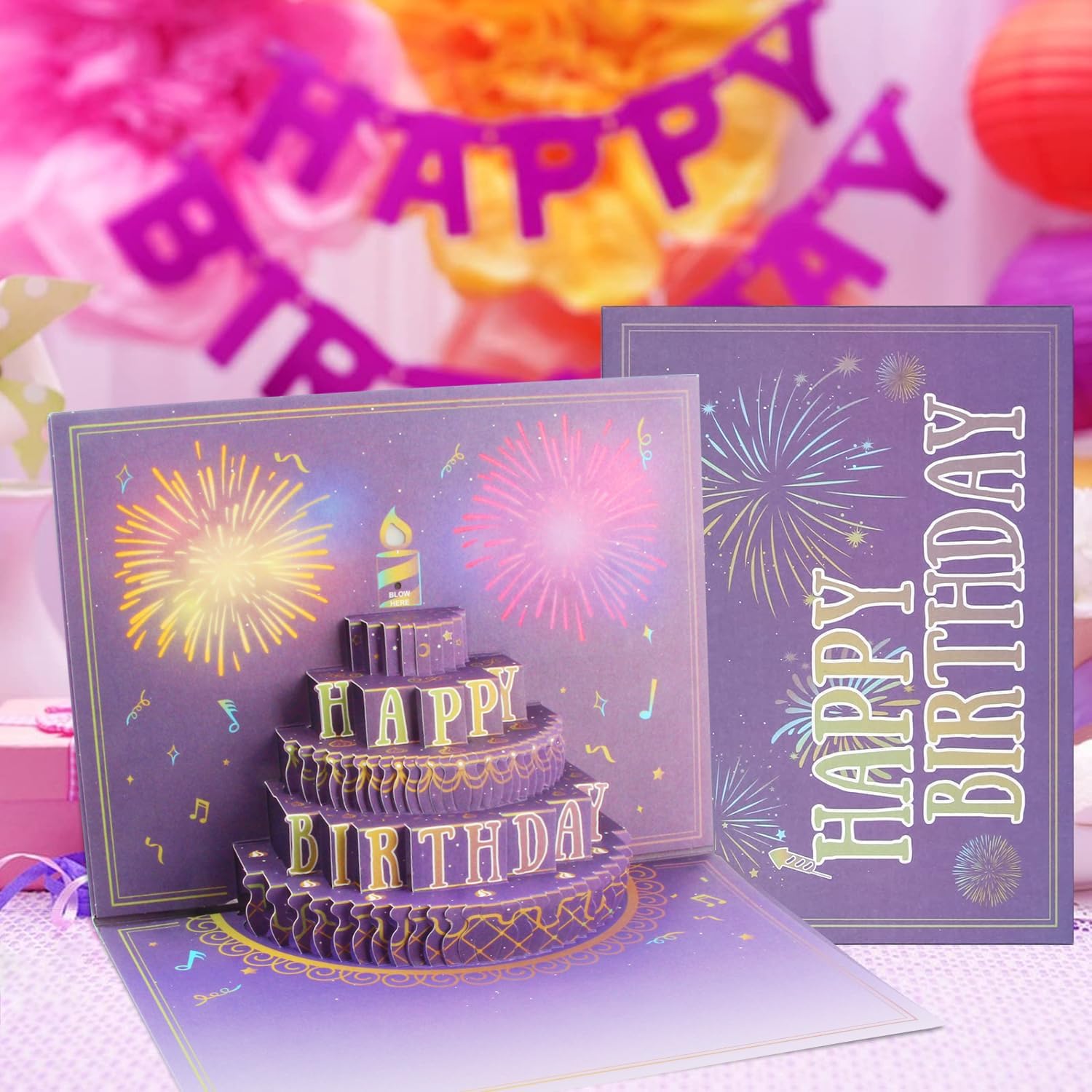 Happy Birthday Cards Fireworks, Lights, Music and Sound Fireworks Cake 3D Pop Up Birthday Cards Gift with Envelope and Note Tag for Women, Men, Kids, Wife, Mom, Husband