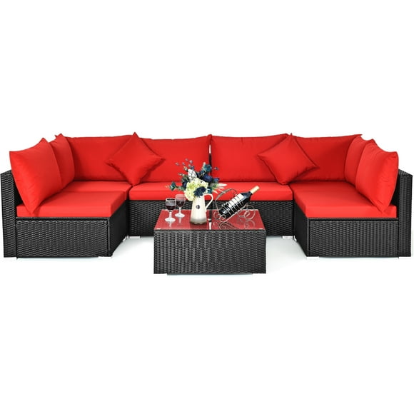 Topbuy 7-Piece Patio PE Rattan Sectional Sofa Furniture Set Wicker Sofa Conversation Set Red
