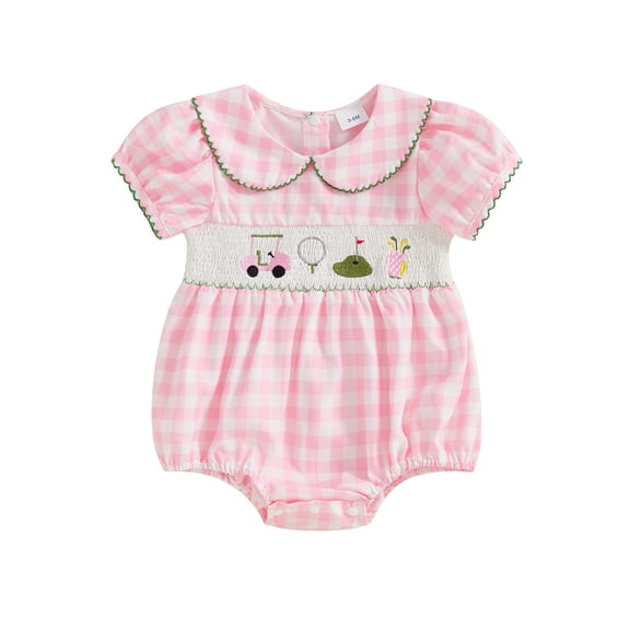 aturustex Toddler Baby Girls Plaid Bubble Rompers 0 3M 6M 12M 18M Infant Golf Embroidery Babydoll Bodysuits Short Sleeve Jumpsuits Doll Collar Romper l Summer Daily Clothes for Holiday Party