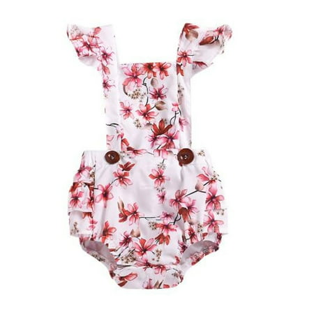 

Infant Girls Bodysuits Ruffle Trim Flower Printed Newborn Kids Children Loose Fashion Outwear Leisure Spring Summer Rompers Jumpsuits