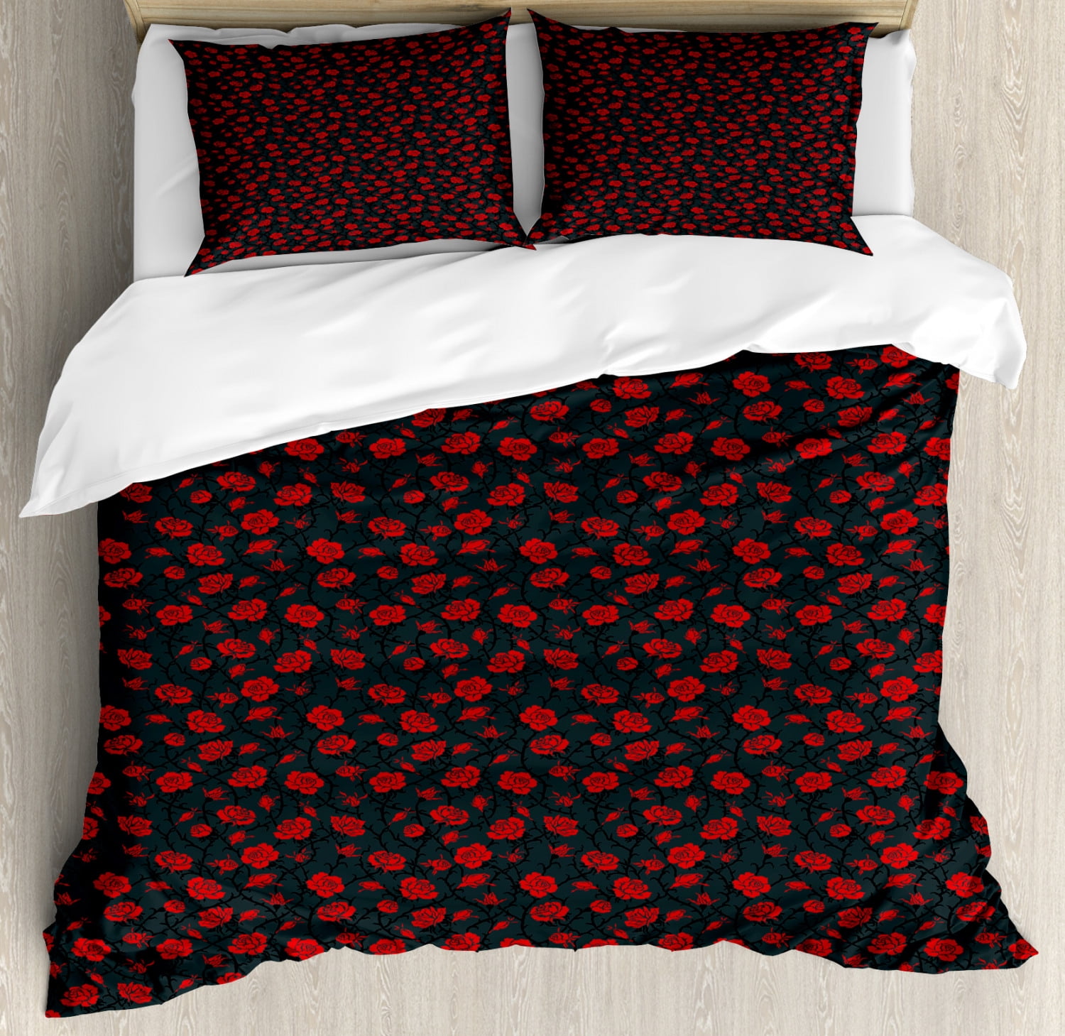Red and Black Duvet Cover Set King Size, Romantic Vintage Roses