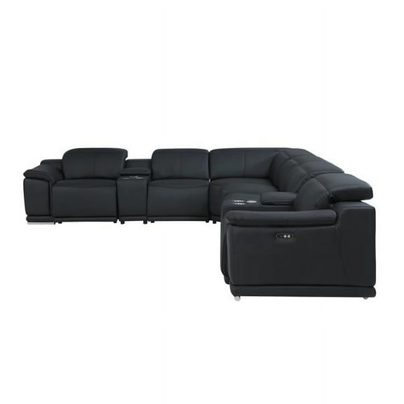 HomeRoots Black Italian Leather Power Reclining U Shaped Eight Piece Corner Sectional