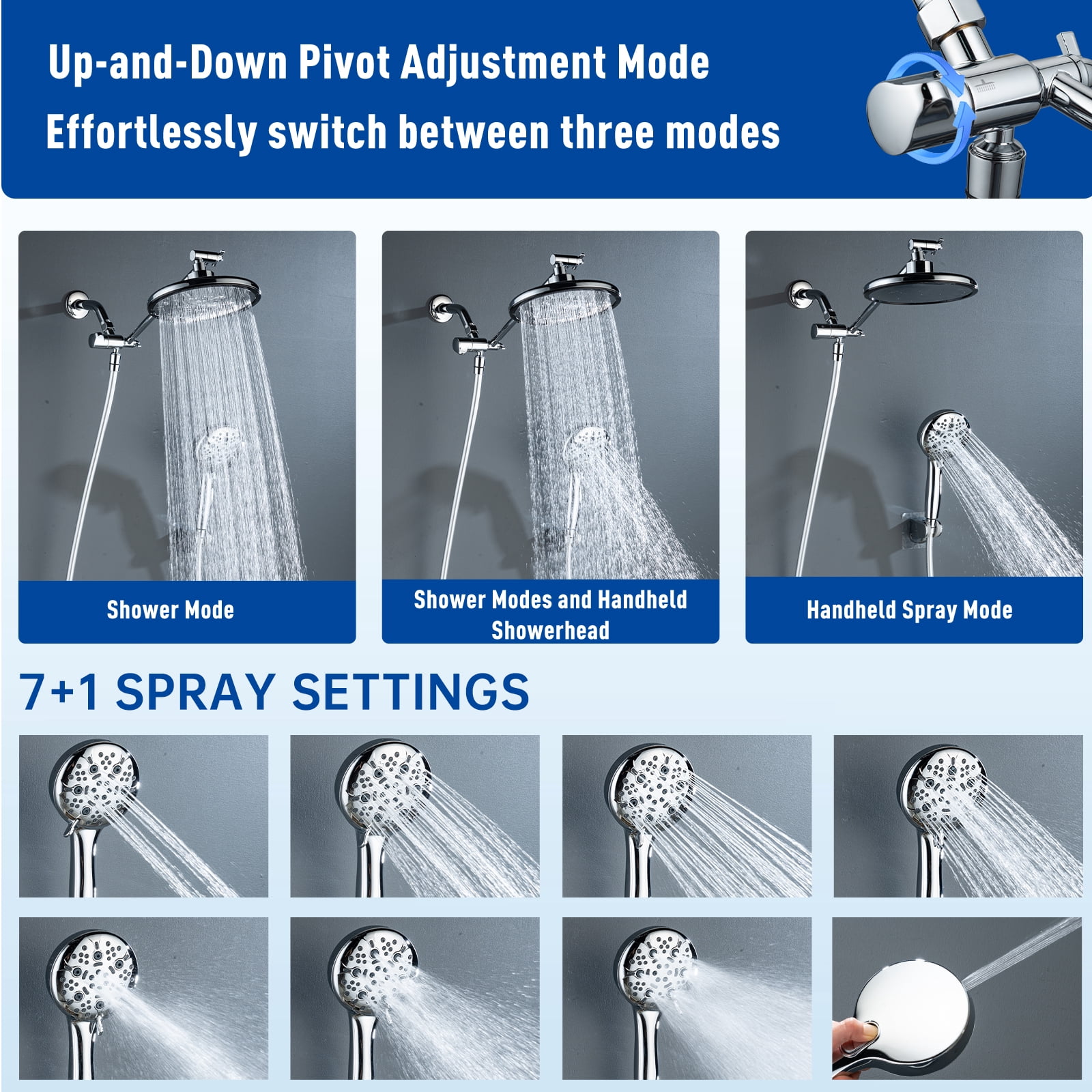 Joyrain 8-inch Rain Overhead Shower with Handheld High-pressure Shower Head, 8 Spray Modes, Rain Shower Combination with Adjustable Metal Extension arm, Adjustable Height and Angle for Whole Family