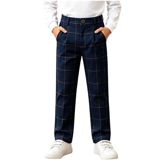 Guluxicc Kids Boys Uniform Pants Button Waist Straight Leg Dress Pants Casual Plaid Stretchy Trousers for 4-16 Years