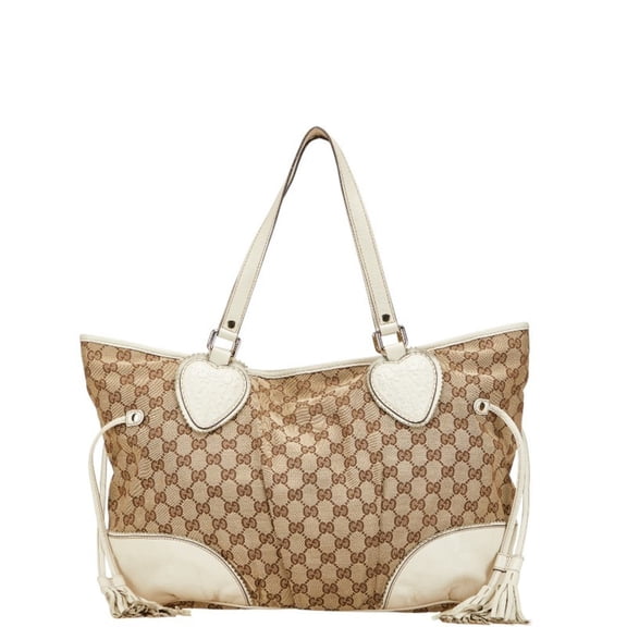 Pre-Owned Gucci GG Canvas Tote Bag Shoulder 211954 Beige White Leather Women's GUCCI (Good)
