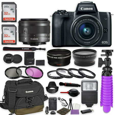 Canon EOS M50 Mirrorless Digital Camera (Black) Premium Accessory Bundle with EF-M 15-45mm IS STM Lens (Graphite) + Canon Water Resistant Case + 64GB Memory + HD Filters + Auxiliary