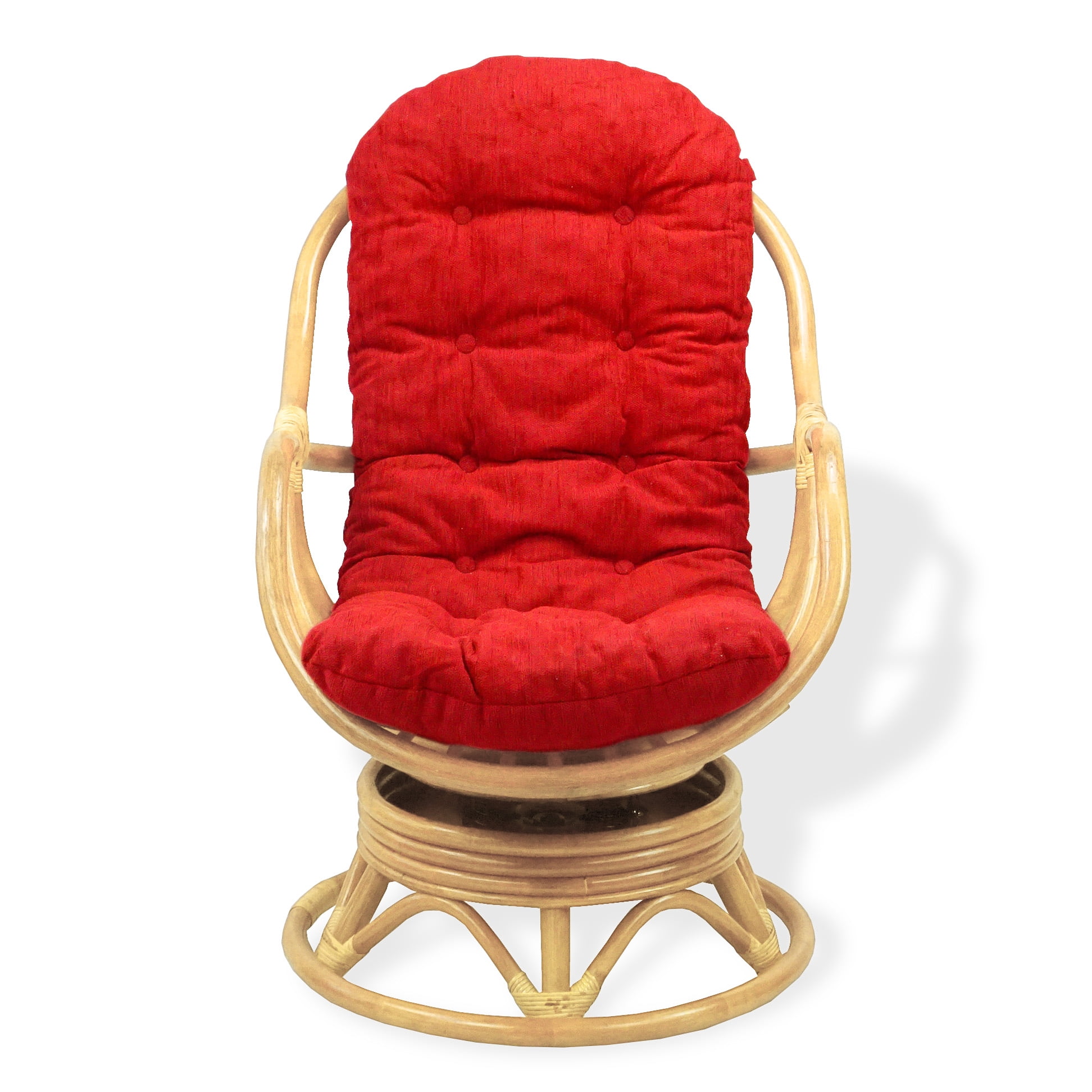 Bali Lounge Swivel Rocking Chair with Burgundy Cushion Natural Rattan Wicker Handmade, Natural Color
