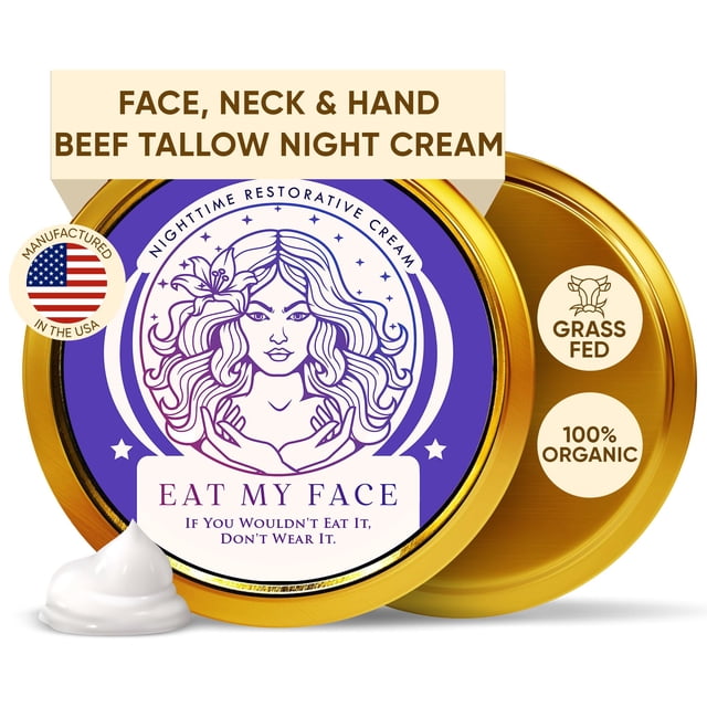 Eat My Face Crema facial restauradora nocturna con sebo alimentado con pasto, crema hidratante de noche, humectante nocturno con manteca de karité y cacao y vitamina E - 4.0 fl oz