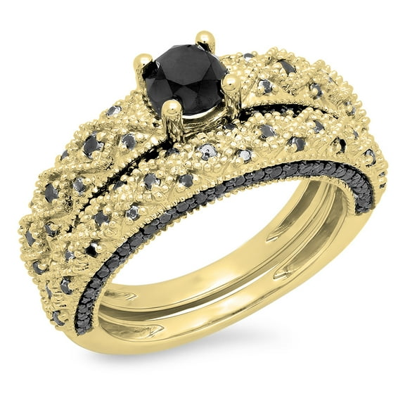 Dazzlingrock Collection 1.45 Carat (ctw) 10K Round Black Diamond Bridal Engagement Ring Set 1 1/2 CT, Yellow Gold, Size 7