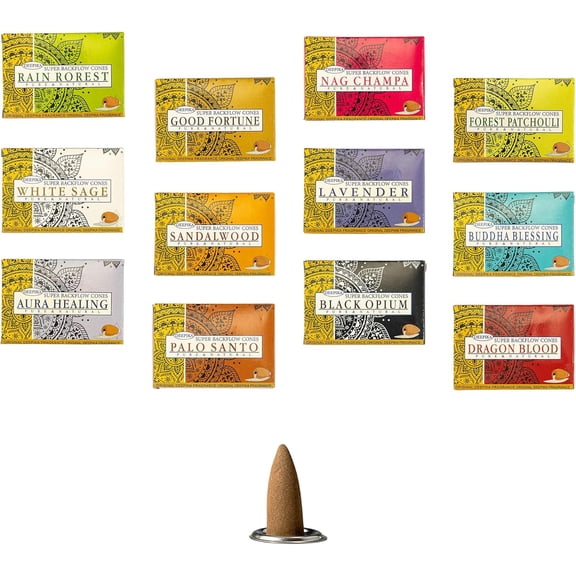 Deepika Premium Assorted Incense Backflow Cones 12 packs x 10 cones | Best for Meditation,Yoga,Aroma Therapy, Relaxation |