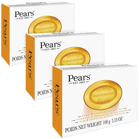 Pears Jabón para rostro y cuerpo, ámbar, jabón de barra transparente puro y suave, jabón hidratante de glicerina con aceites naturales para una piel brillante mimada, 3.53 oz (paquete de 3)
