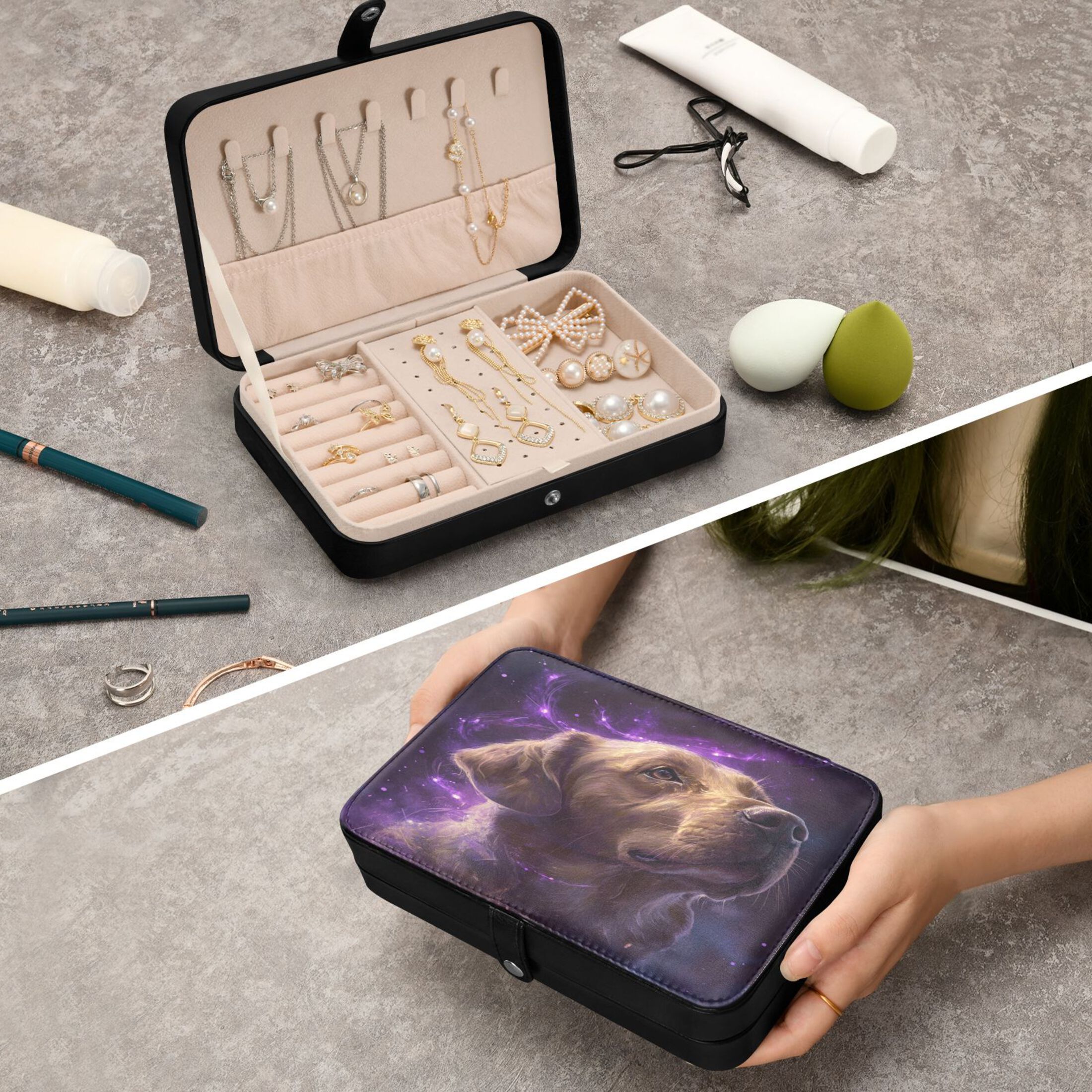 Leather Jewelry Box Rectangular 8.27x5.5x1.78In Travel Jewelry Storage Earrings Necklace Bracelet Watch Brooch Storage Purple Magic Dog