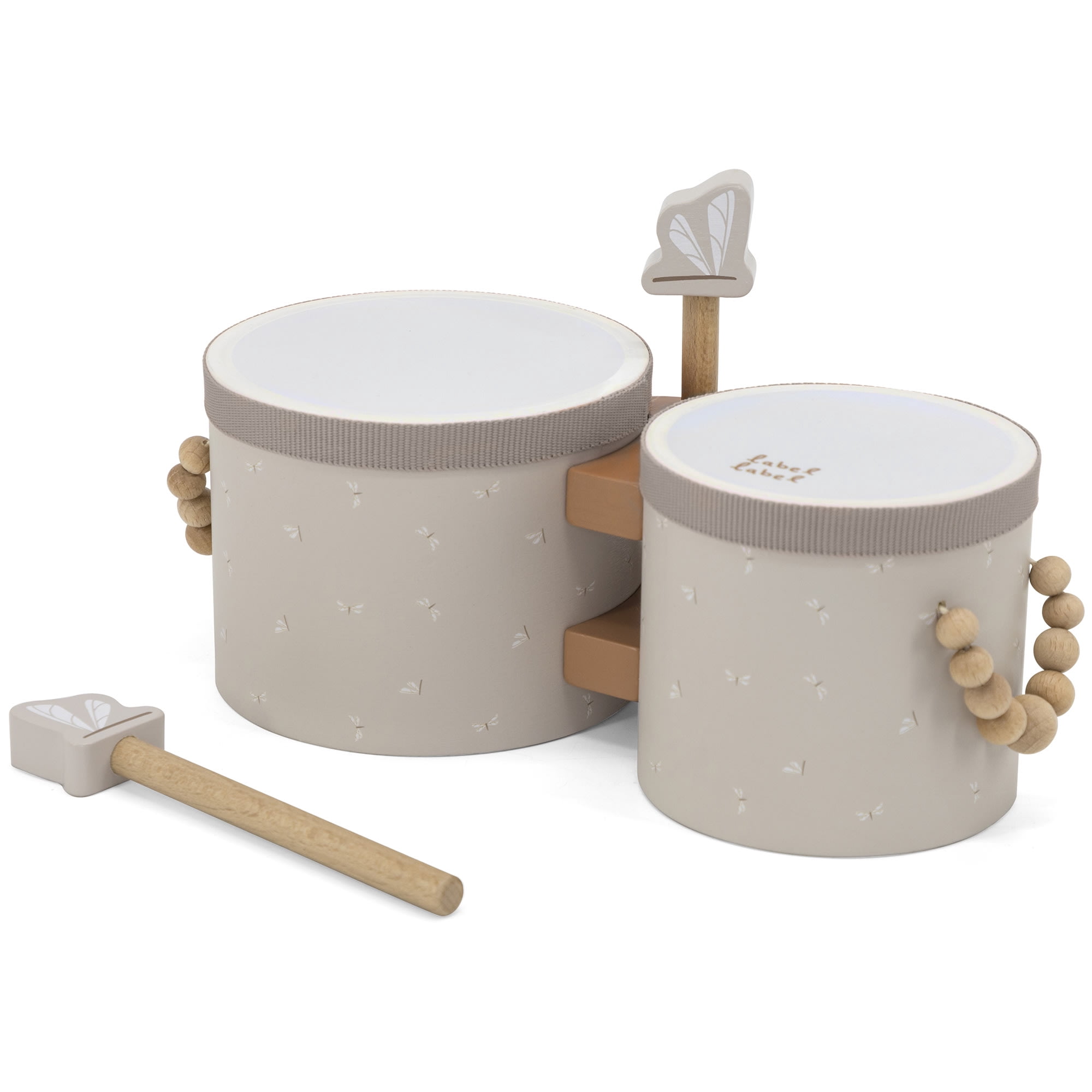 Label Label: Wooden Bongos - Tan - Musical Instrument Toy, 2 Dragonfly-Shaped Drum Sticks, Carry Handles, Develops Creativity, Toddler & Kids Ages 2+