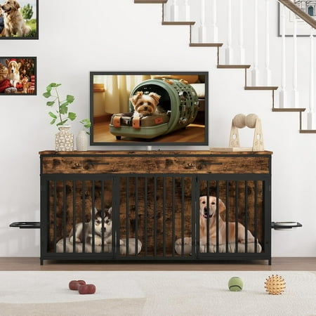 Double Dog Crate Furniture, Indoor Large Heavy Duty, 72x24x36 inch Dog Crate Furniture for 2 Dogs with Bowl Stand