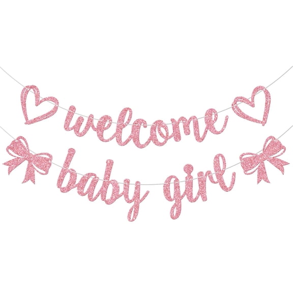 Welcome Baby Girl Banner, Girl Baby Shower Banner, Sweet Baby Girl Decor, Bow Themed Baby Shower Birthday Party Decorations, Pink Glitter