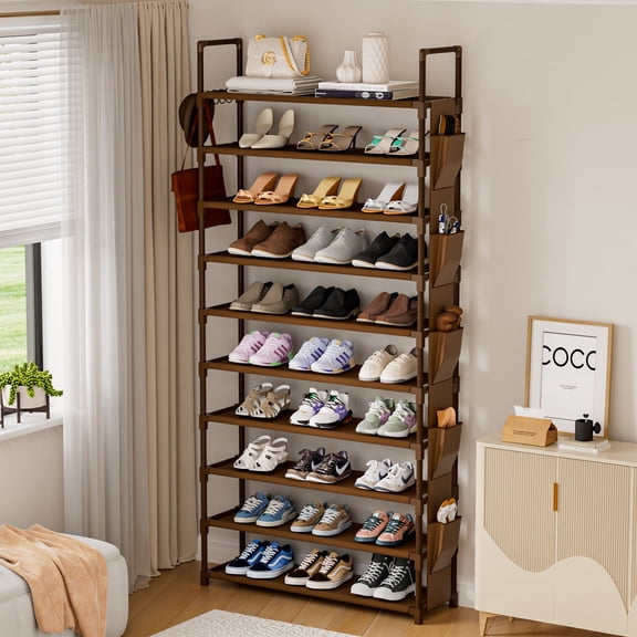 10 Tier Tall Shoe Rack with 5 Hooks and Pocket, Sturdy Shoes Storage Organizer for Closet, Large Capacity Space Saving Shelf