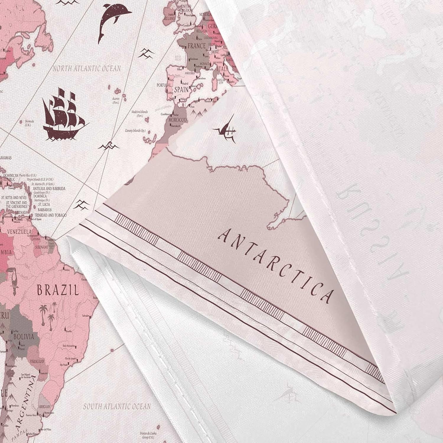 World Map Shower Curtain, Map of The World with National Educational Fabric Shower Curtains Set for Bathroom, Geography Educational Fabric Bathroom Shower Curtain with Hooks, 70X75IN（Pink）