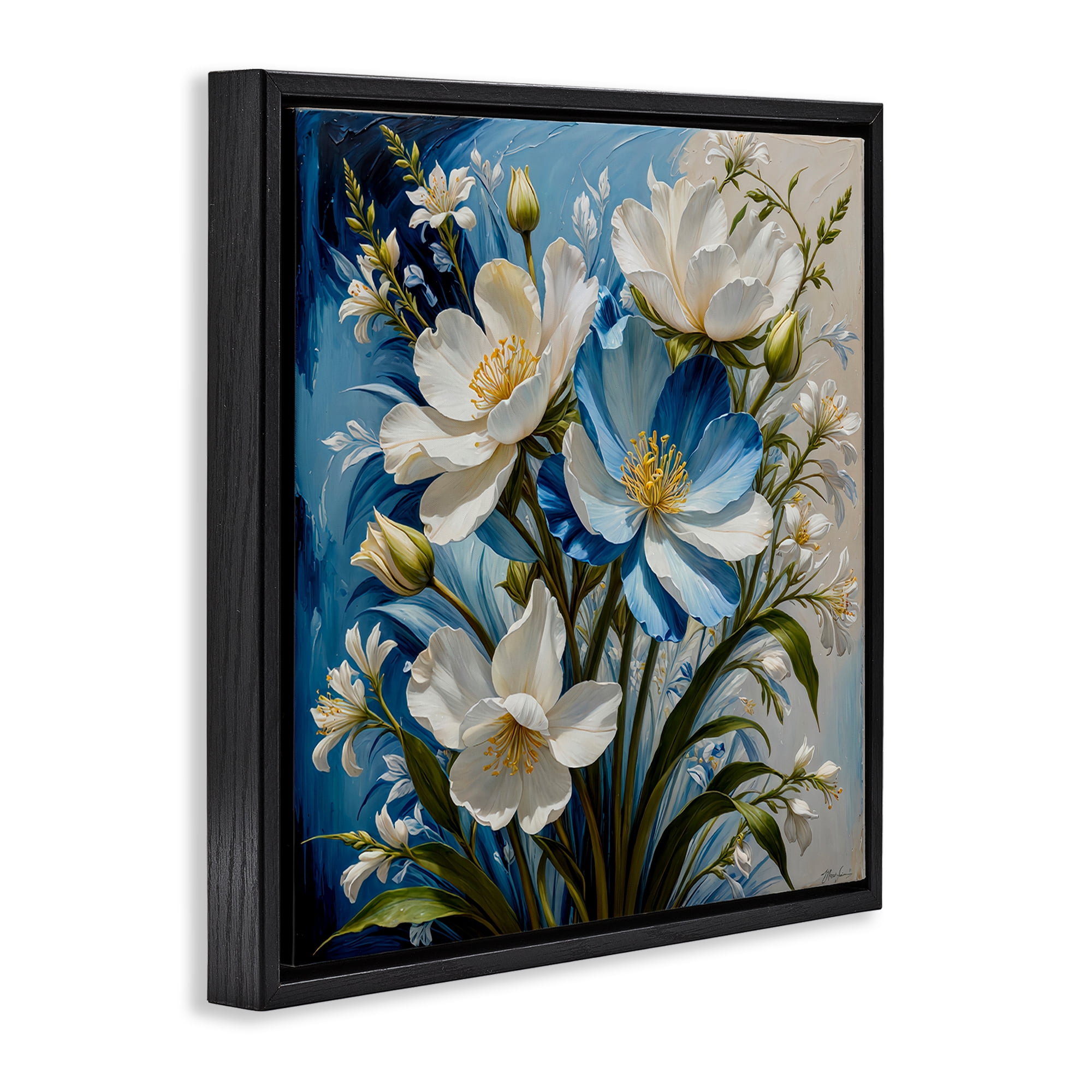 Stupell Industries Curling Floral Petals on Blue Plants & Flowers Painting Black Floater Framed Canvas Art Print Wall Art, 25 x 25