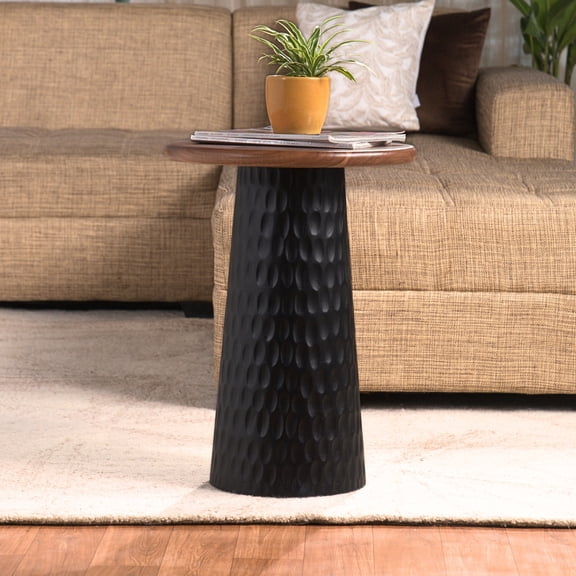 Hand-Carved Solid Wood Accent Table – Natural Mango Wood Side Table with Round Top for Living Room, Bedroom or Entryway – Boho Rustic Modern End Table Black
