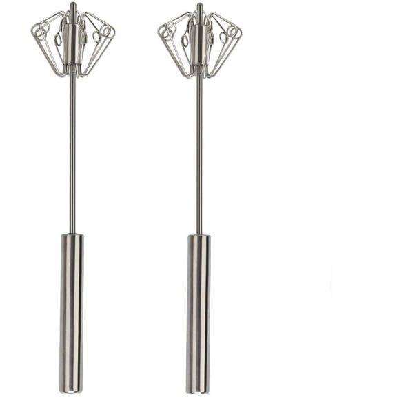 Stainless Steel Whisks, 2 Pack Egg Whisk Set Milk Frother Egg Beater Blender, Rotating Push Whisk Mixer Kitchen Utensils Silver