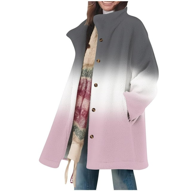 HAiming Womens Gradient Fleece Long Jacket Plus Size Stand Collar Coat Casual Long Sleeve Button down Outwear Warm Soft Clothes