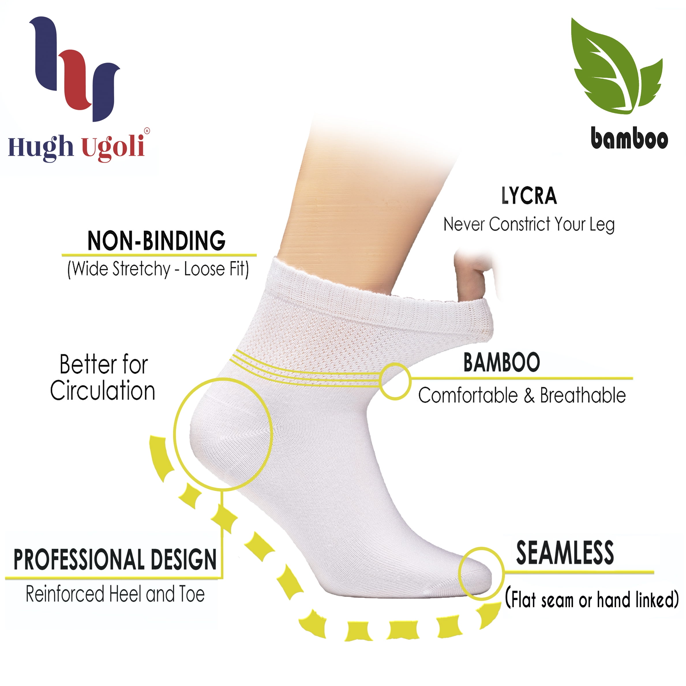 HUGH UGOLI Women's Bamboo Ankle Loose Fit Diabetic Socks, Soft, Seamless Toe, Wide Stretchy, Non-Binding Top, 6 Pairs, White, Shoe Size: 10-12